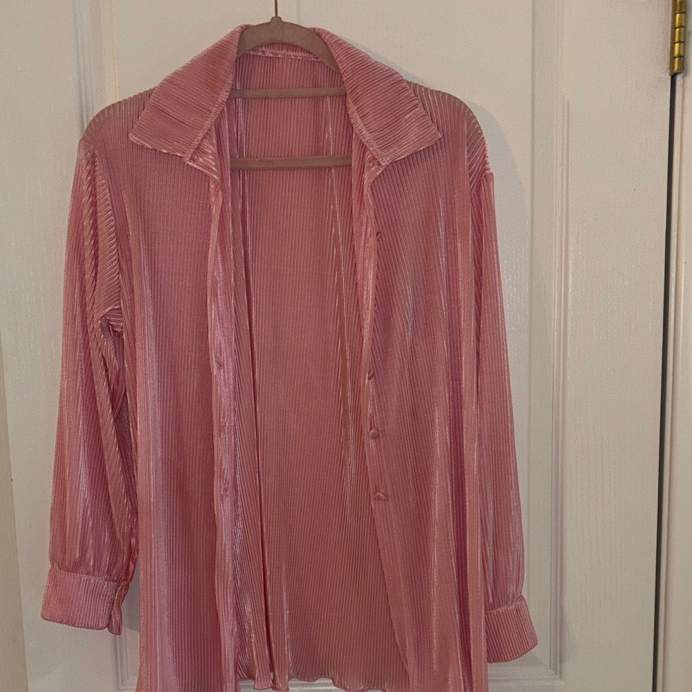 Pink Sheer Button-Up Blouse and Pants